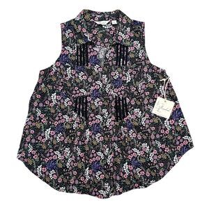 NWT Caffe Marrakech Size M Floral Print Button Front Sleeveless Collar Blouse